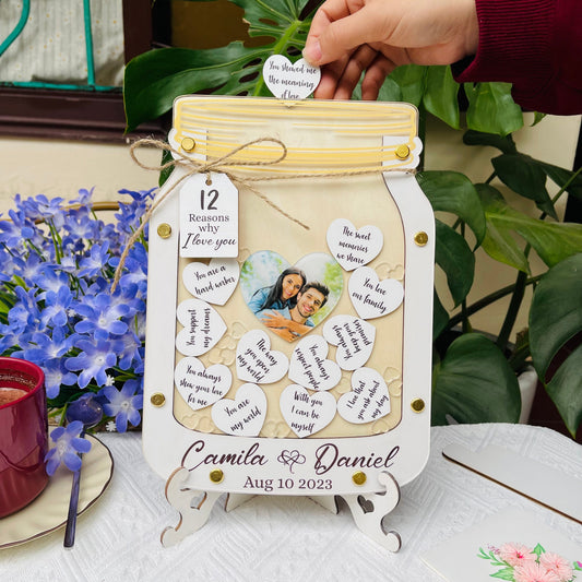 12 Reasons Why I Love You Personalized Wooden Jar of Hearts, Anniversary Gift for Him, Birthday Gift for Her, Custom Valentines Gift