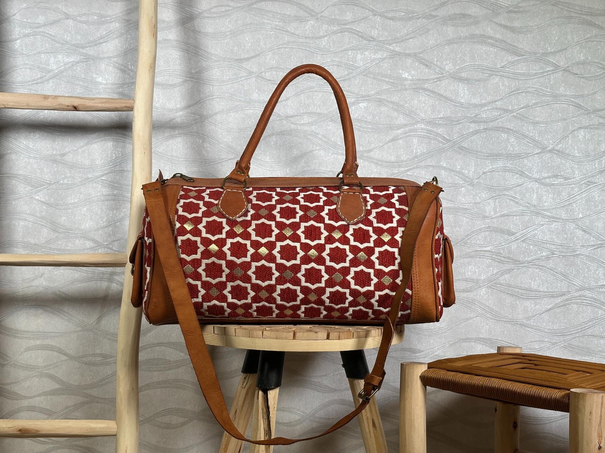 Handmade Moroccan Leather Carpet Bag – Kilim Weekender Travel Duffel, Boho Hippie Chic Extra Large Rug Bag for Women