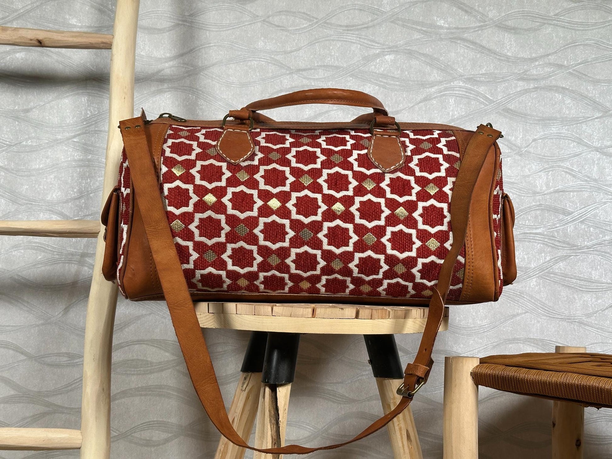 Handmade Moroccan Leather Carpet Bag – Kilim Weekender Travel Duffel, Boho Hippie Chic Extra Large Rug Bag for Women