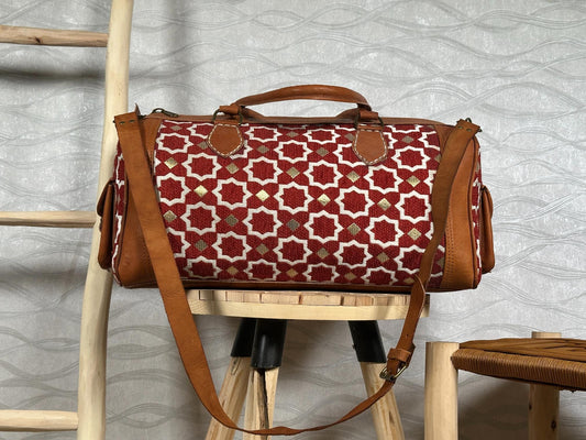 Handmade Moroccan Leather Carpet Bag – Kilim Weekender Travel Duffel, Boho Hippie Chic Extra Large Rug Bag for Women