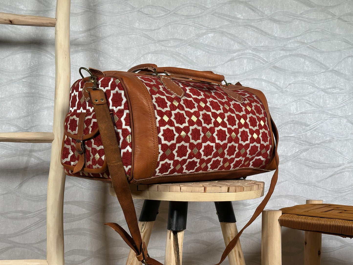 Handmade Moroccan Leather Carpet Bag – Kilim Weekender Travel Duffel, Boho Hippie Chic Extra Large Rug Bag for Women