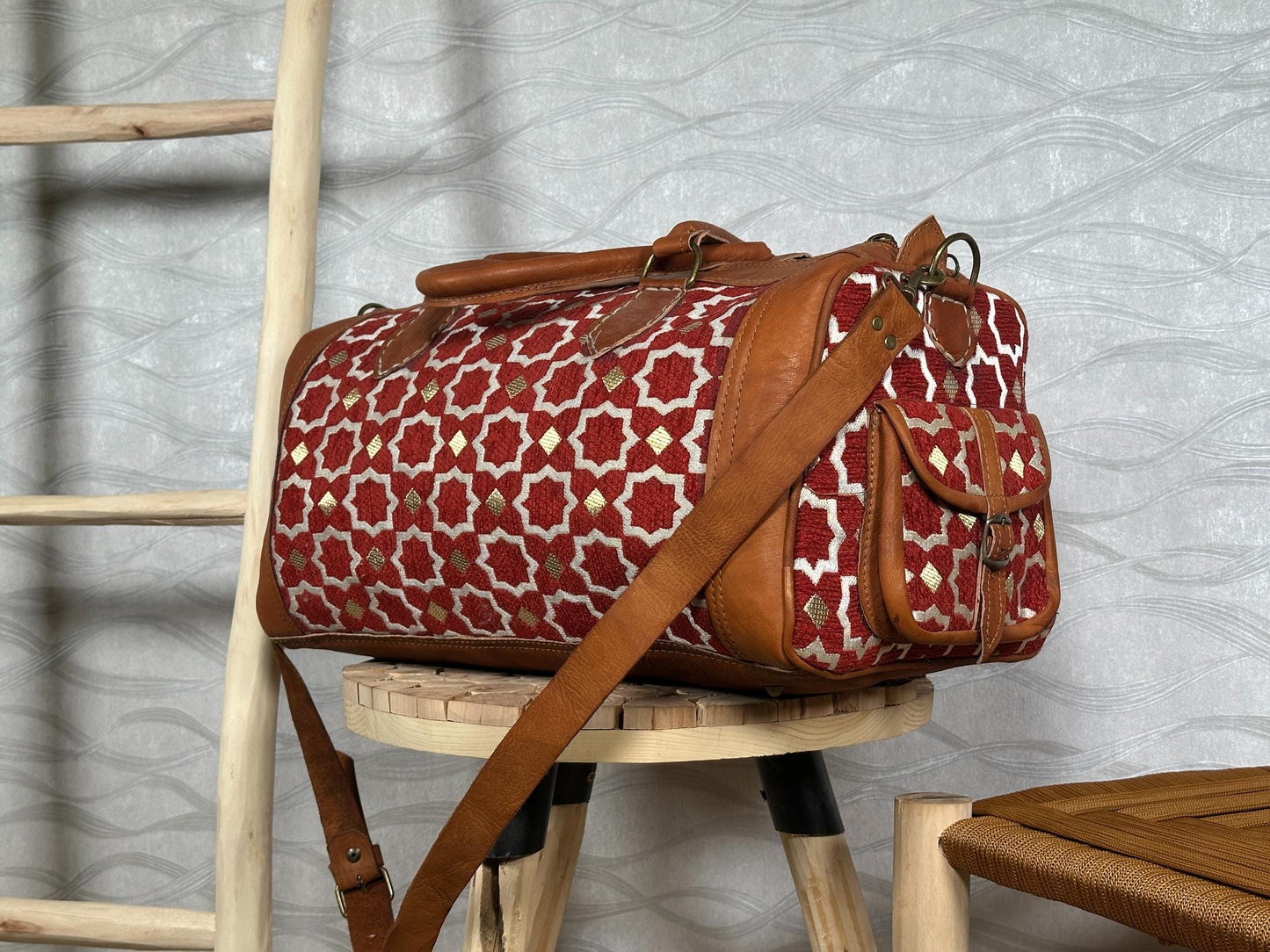 Handmade Moroccan Leather Carpet Bag – Kilim Weekender Travel Duffel, Boho Hippie Chic Extra Large Rug Bag for Women