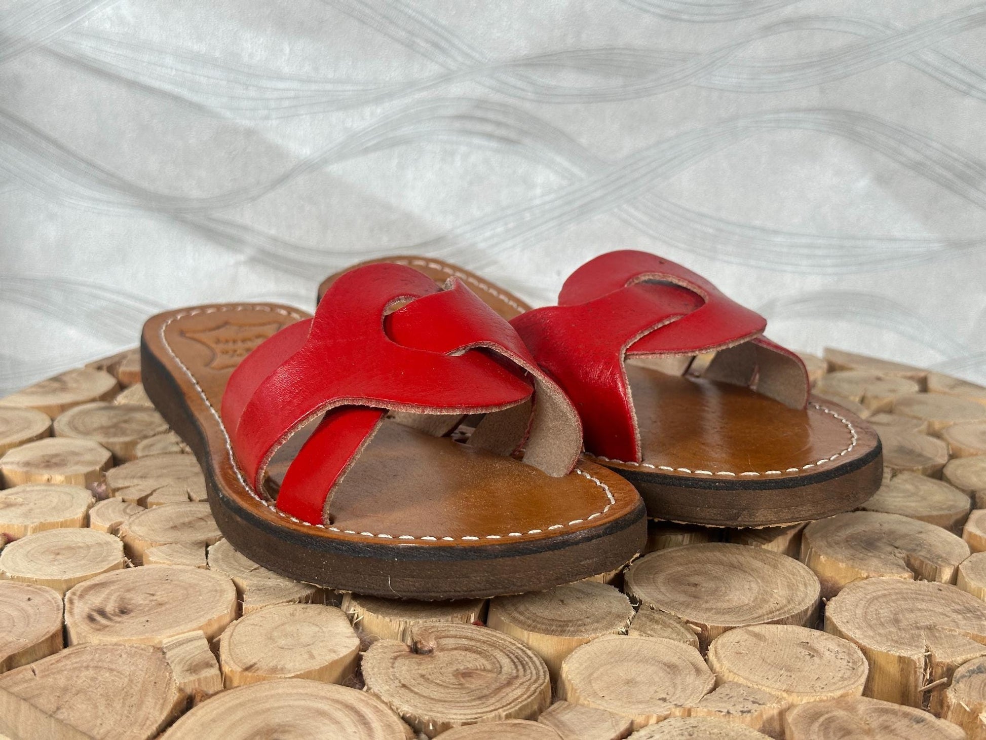 Handmade Moroccan Red Leather Sandals – Women Summer Shoes, Genuine Leather Slides, Greek Sandals, Boho Gift for Her, Beach Sandals