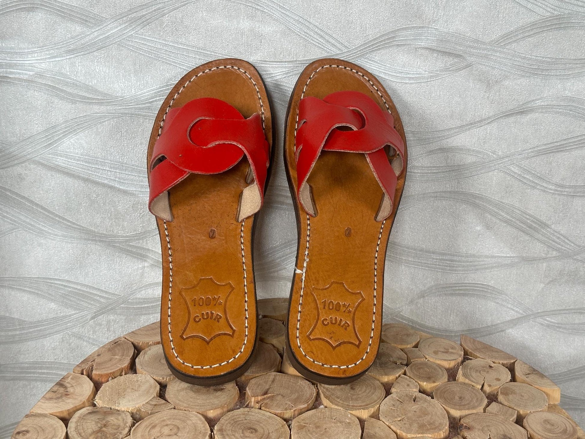 Handmade Moroccan Red Leather Sandals – Women Summer Shoes, Genuine Leather Slides, Greek Sandals, Boho Gift for Her, Beach Sandals