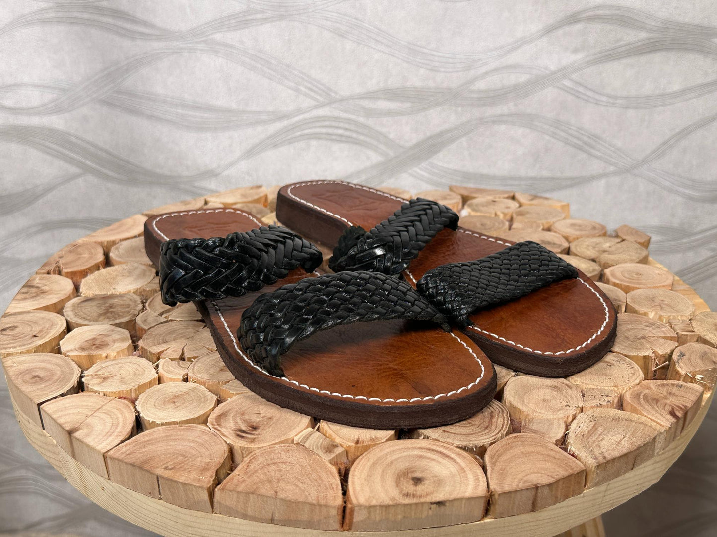 Handmade Moroccan Leather Sandals – Black Braided Straps, Boho Barefoot Summer Sandals, Artisan Wide Toe Box Comfort Flats