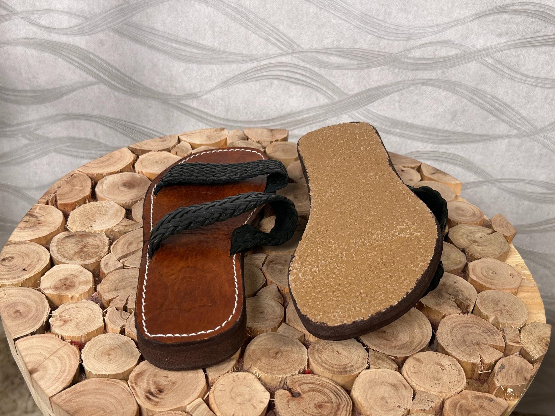 Handmade Moroccan Leather Sandals – Black Braided Straps, Boho Barefoot Summer Sandals, Artisan Wide Toe Box Comfort Flats