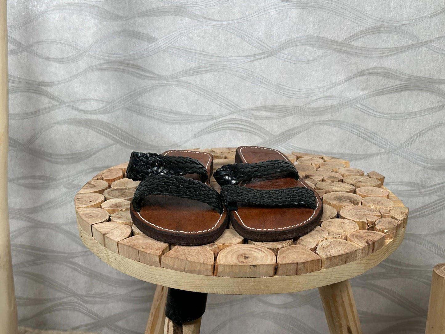 Handmade Moroccan Leather Sandals – Black Braided Straps, Boho Barefoot Summer Sandals, Artisan Wide Toe Box Comfort Flats