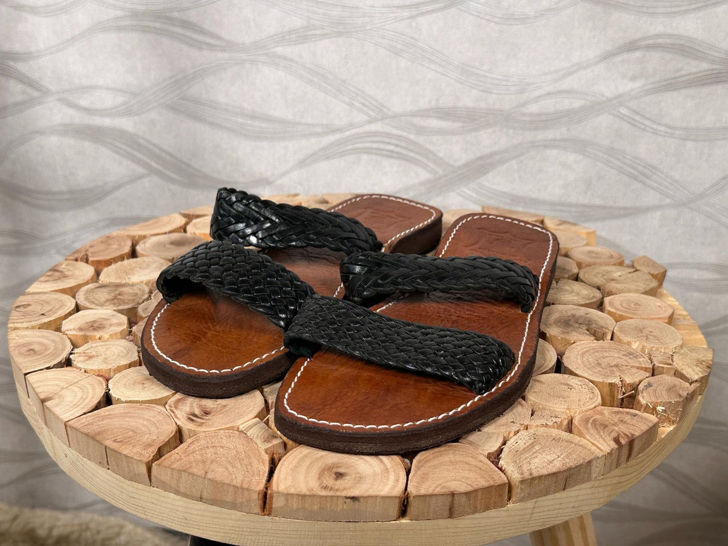 Handmade Moroccan Leather Sandals – Black Braided Straps, Boho Barefoot Summer Sandals, Artisan Wide Toe Box Comfort Flats