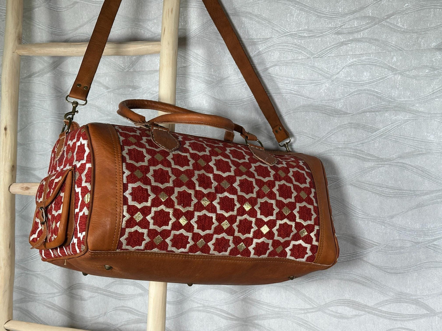 Handmade Moroccan Leather Carpet Bag – Kilim Weekender Travel Duffel, Boho Hippie Chic Extra Large Rug Bag for Women