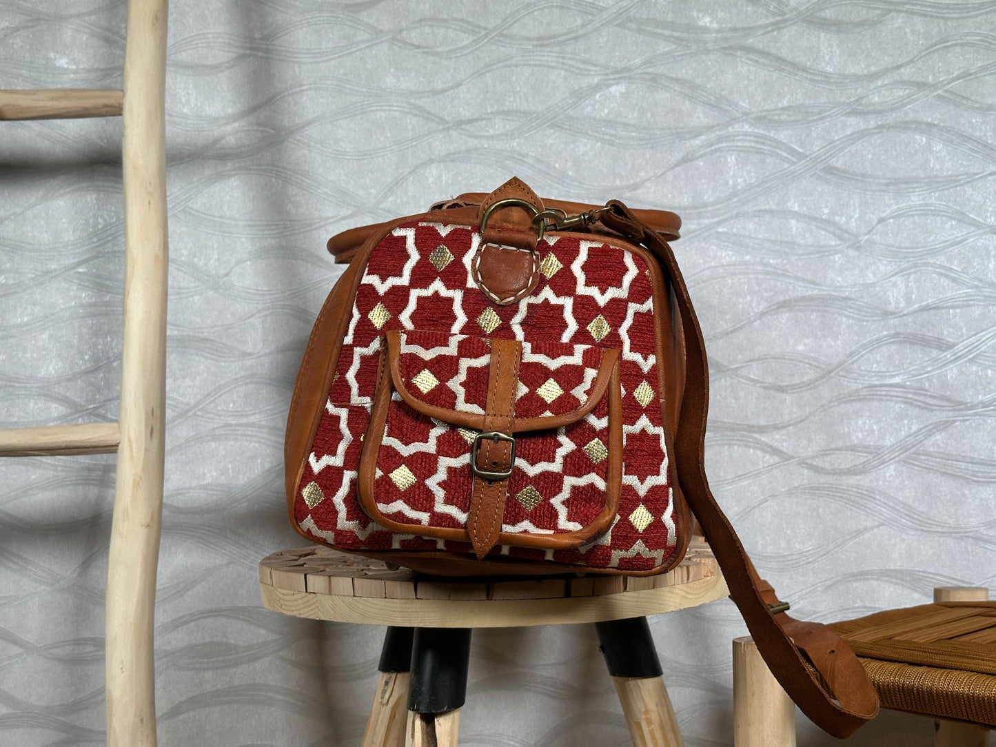 Handmade Moroccan Leather Carpet Bag – Kilim Weekender Travel Duffel, Boho Hippie Chic Extra Large Rug Bag for Women