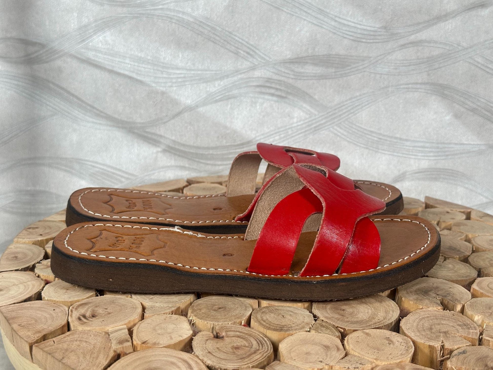 Handmade Moroccan Red Leather Sandals – Women Summer Shoes, Genuine Leather Slides, Greek Sandals, Boho Gift for Her, Beach Sandals