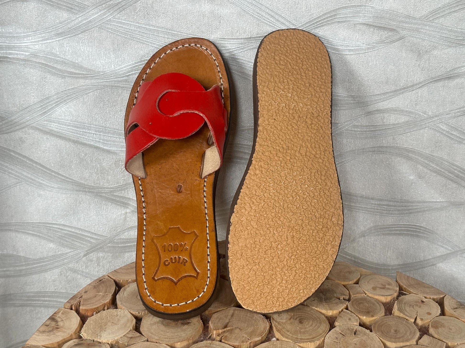 Handmade Moroccan Red Leather Sandals – Women Summer Shoes, Genuine Leather Slides, Greek Sandals, Boho Gift for Her, Beach Sandals