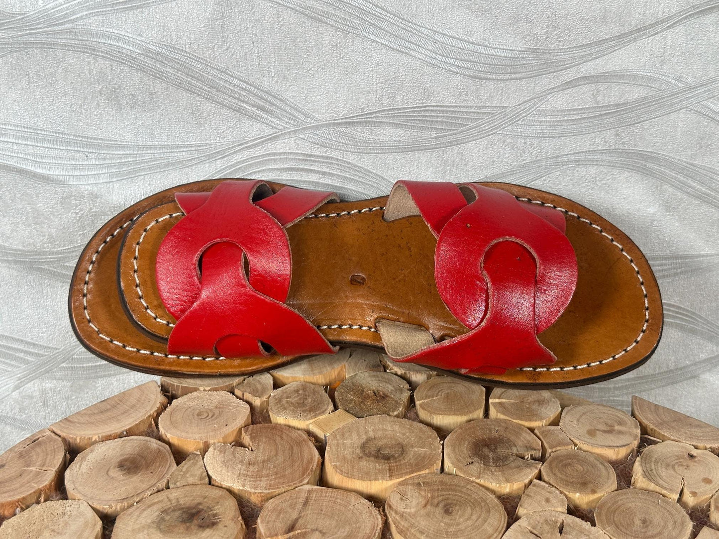 Handmade Moroccan Red Leather Sandals – Women Summer Shoes, Genuine Leather Slides, Greek Sandals, Boho Gift for Her, Beach Sandals