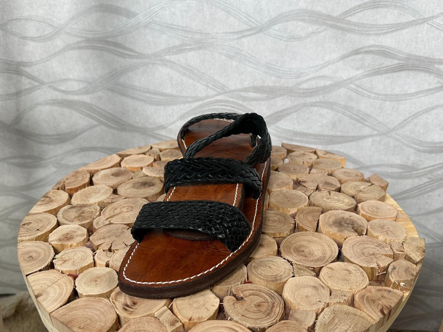 Handmade Moroccan Leather Sandals – Black Braided Straps, Boho Barefoot Summer Sandals, Artisan Wide Toe Box Comfort Flats