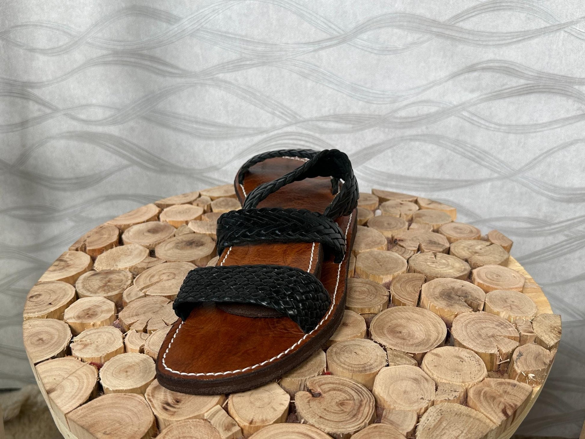 Handmade Moroccan Leather Sandals – Black Braided Straps, Boho Barefoot Summer Sandals, Artisan Wide Toe Box Comfort Flats