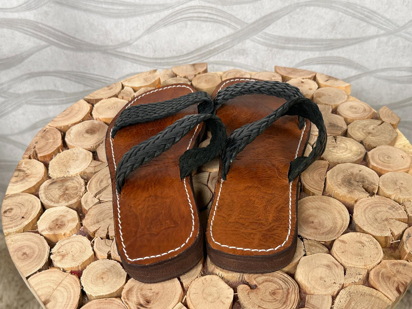 Handmade Moroccan Leather Sandals – Black Braided Straps, Boho Barefoot Summer Sandals, Artisan Wide Toe Box Comfort Flats