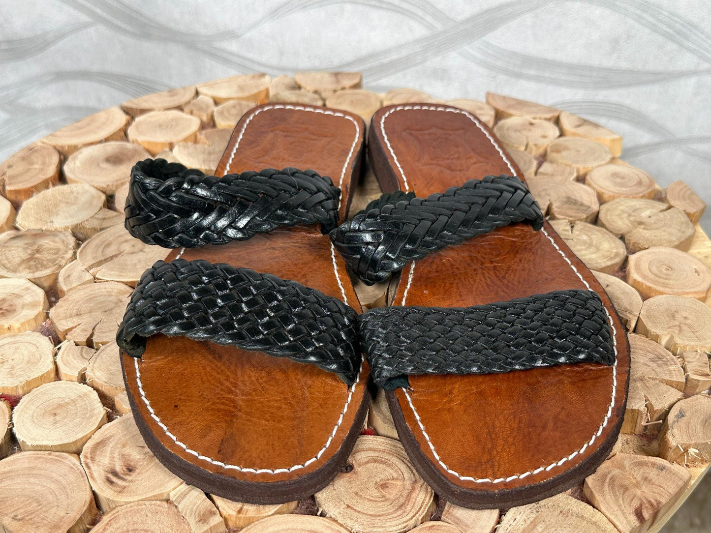 Handmade Moroccan Leather Sandals – Black Braided Straps, Boho Barefoot Summer Sandals, Artisan Wide Toe Box Comfort Flats