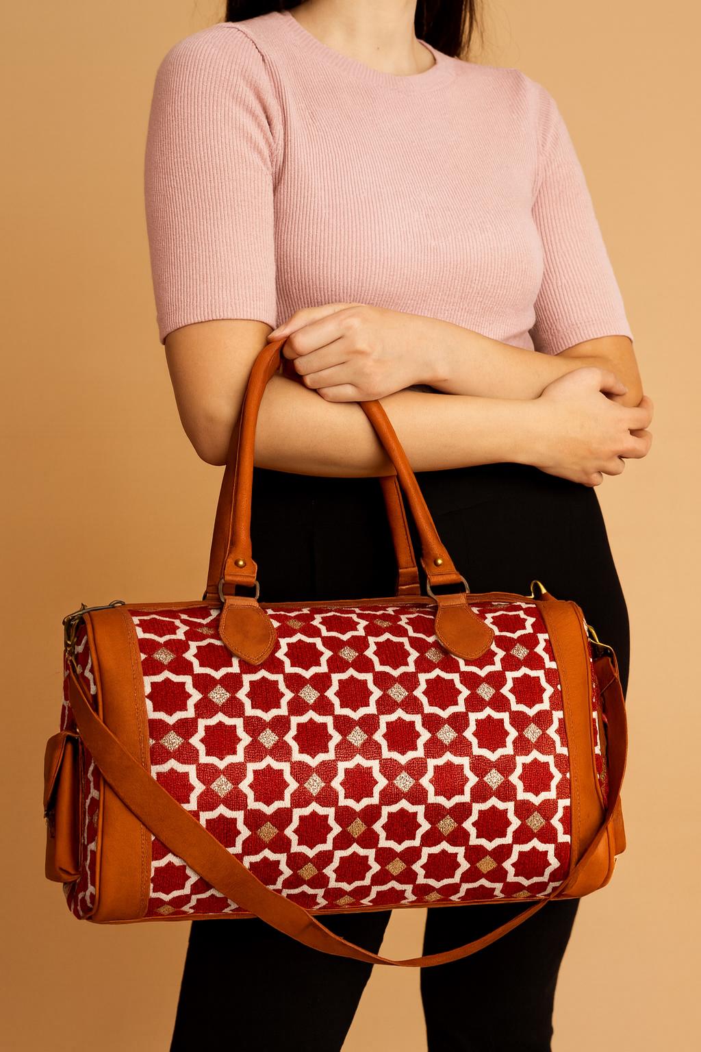 Handmade Moroccan Leather Carpet Bag – Kilim Weekender Travel Duffel, Boho Hippie Chic Extra Large Rug Bag for Women