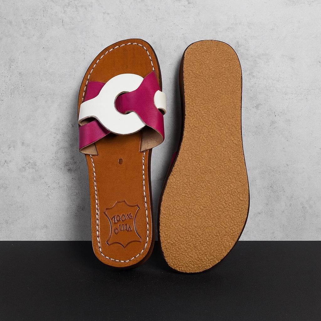 Handmade Moroccan Leather Sandals – Women’s Flat Slides in White & Fuchsia, Boho Greek Style Summer Shoes, Spartan Roman Outdoor Sandals
