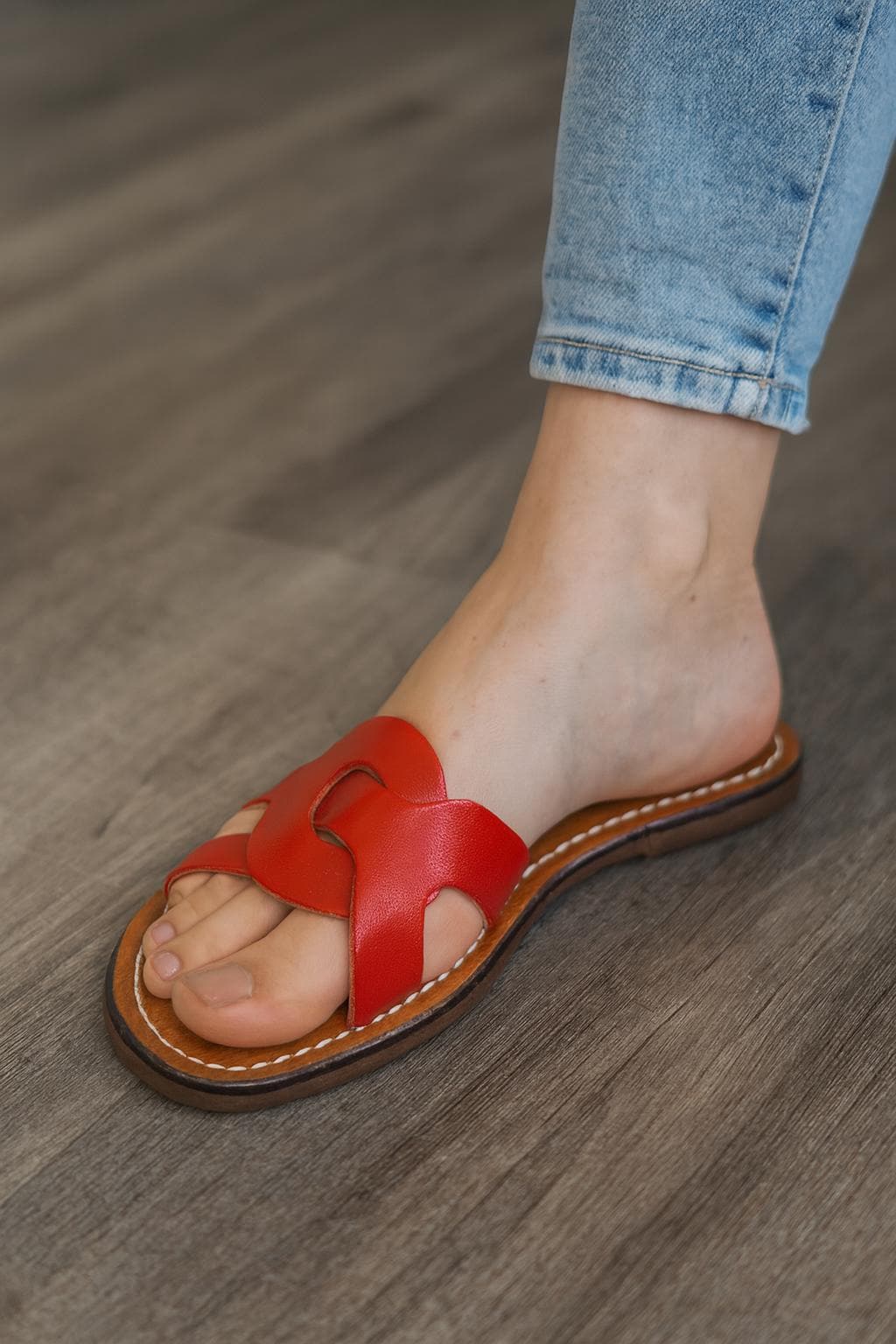 Handmade Moroccan Red Leather Sandals – Women Summer Shoes, Genuine Leather Slides, Greek Sandals, Boho Gift for Her, Beach Sandals