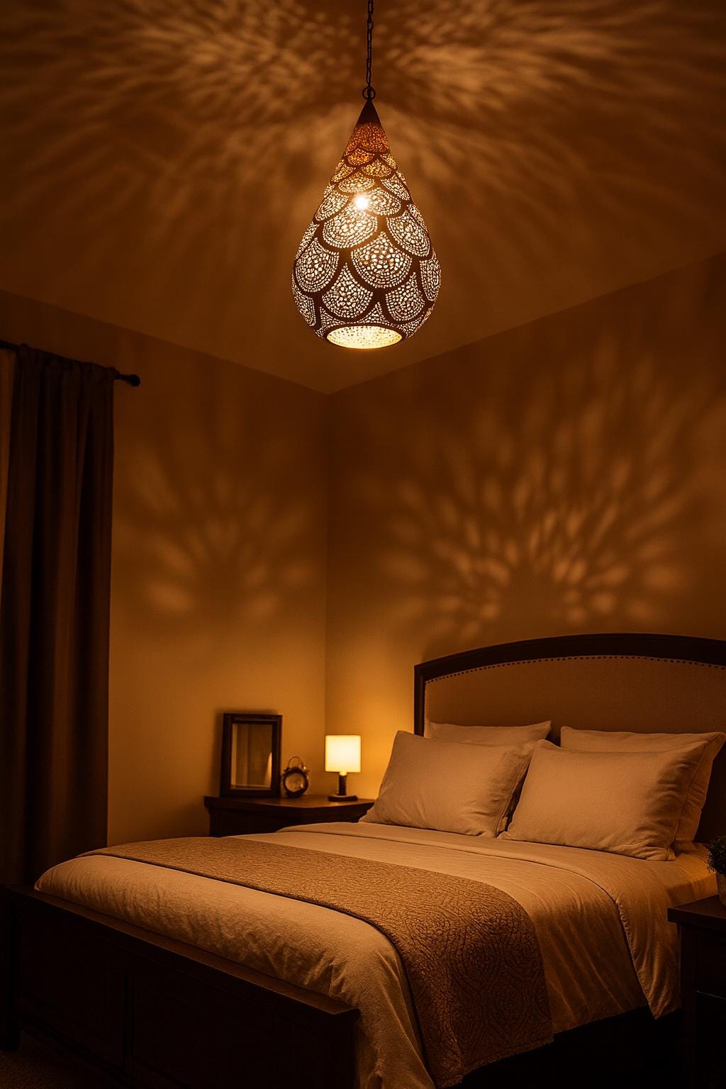 Handmade Moroccan Brass Teardrop Pendant Lamp – Pierced Hanging Light, Boho Ceiling Fixture, Shadow Casting Brass Decor