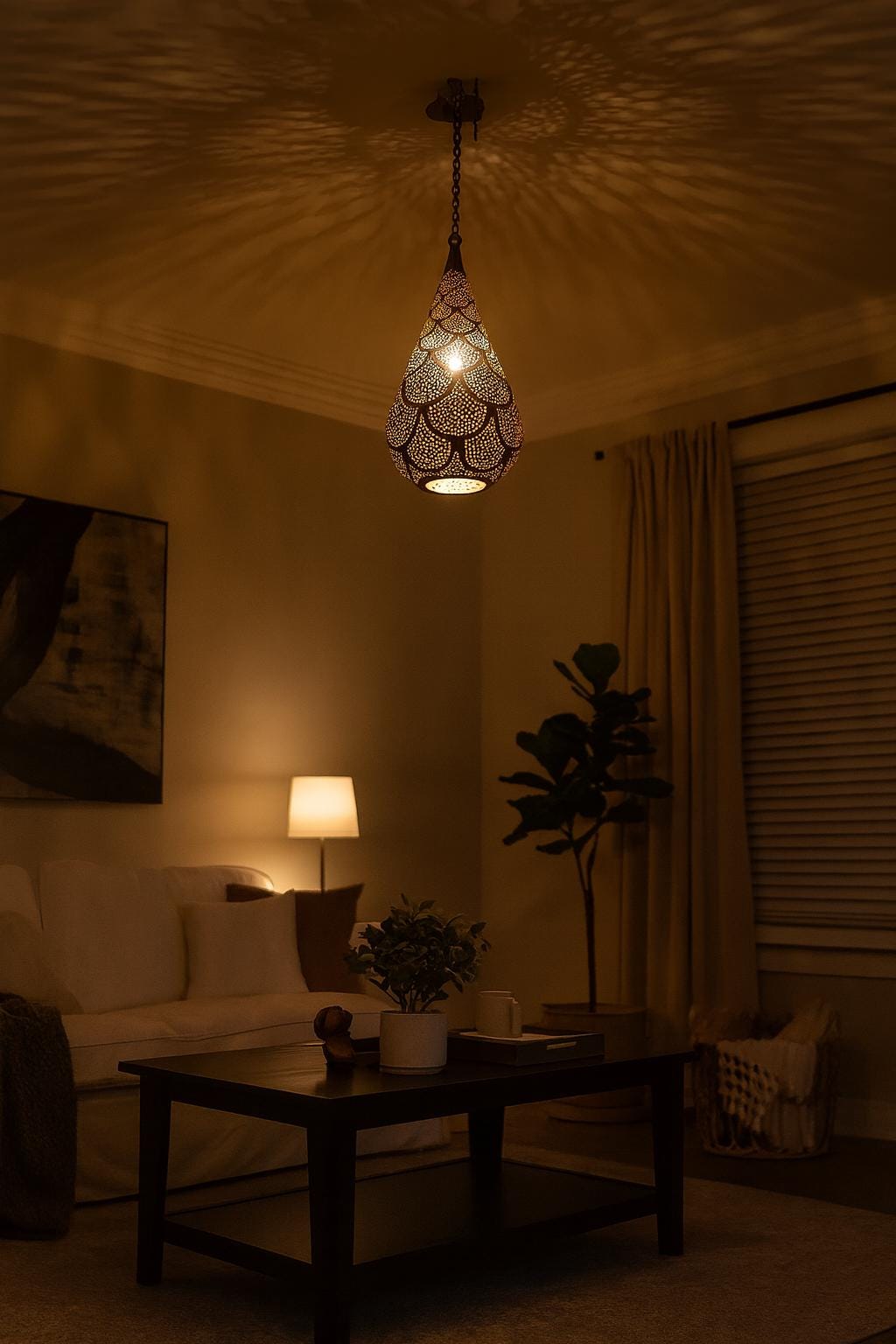 Handmade Moroccan Brass Teardrop Pendant Lamp – Pierced Hanging Light, Boho Ceiling Fixture, Shadow Casting Brass Decor