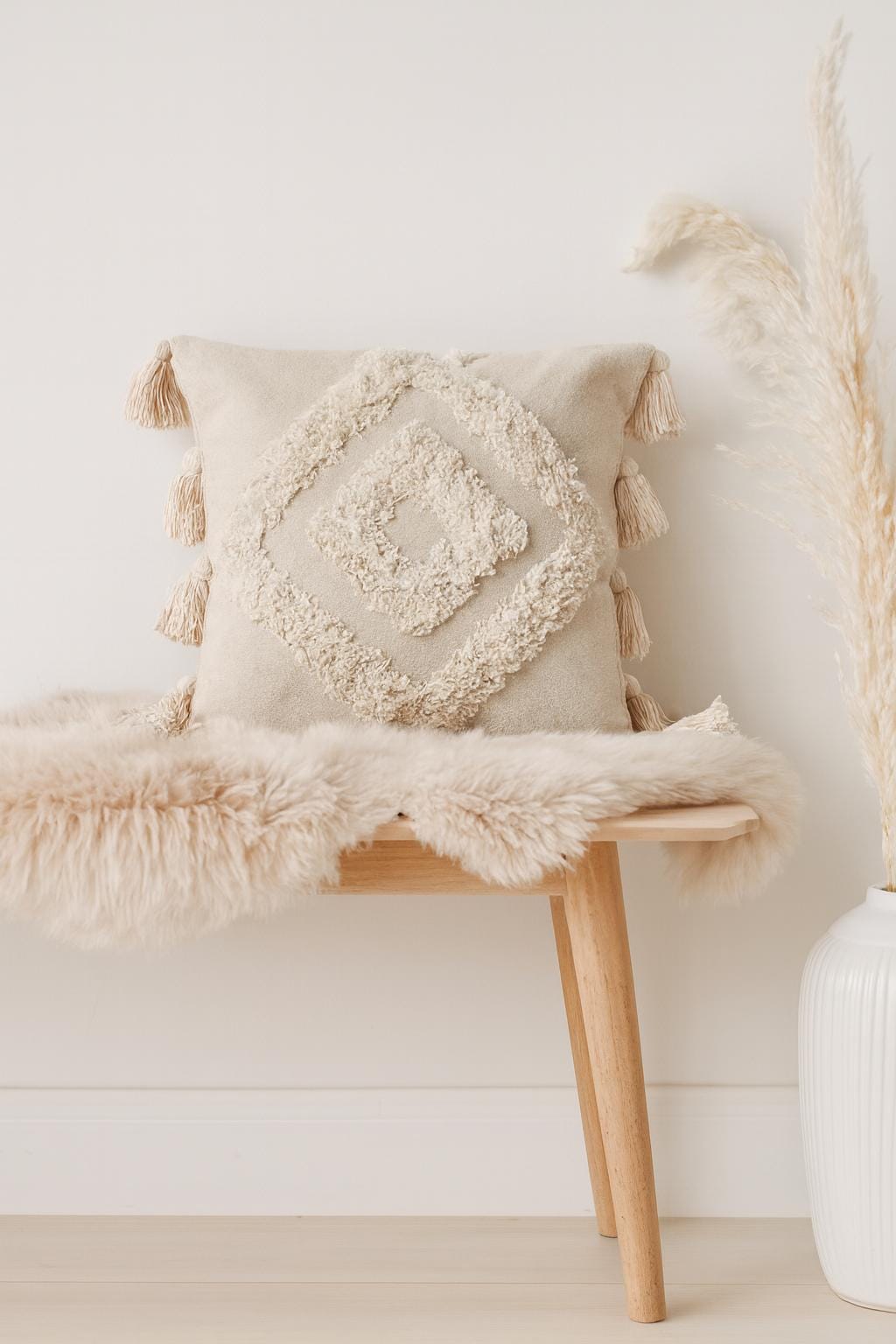 Handmade Moroccan Cotton Pillow Cover with Tassels – Boho Ethnic Throw Pillow, Decorative Tribal Berber Cushion for Sofa & Bed