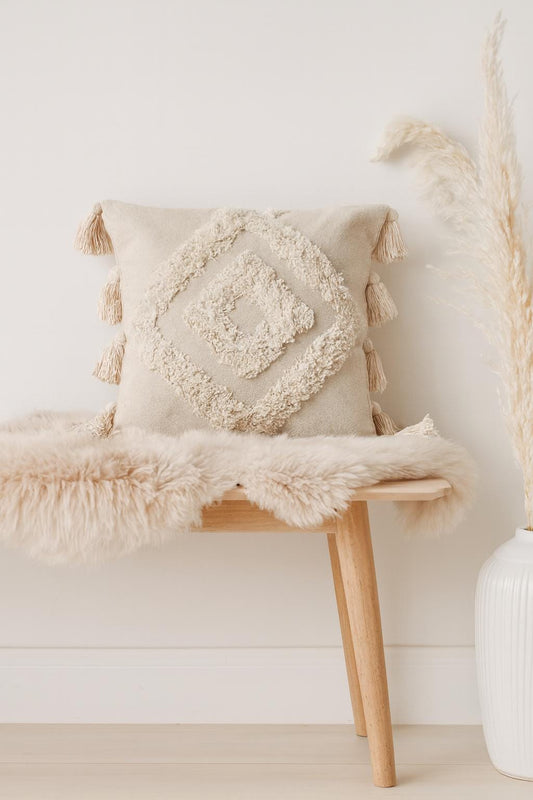 Handmade Moroccan Cotton Pillow Cover with Tassels – Boho Ethnic Throw Pillow, Decorative Tribal Berber Cushion for Sofa & Bed