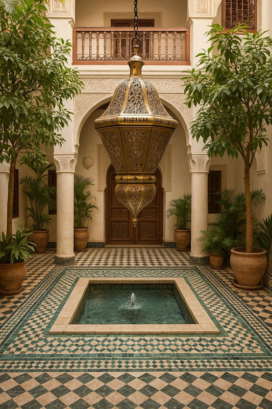 Large HANGING Moroccan Lantern/Candle Holder with brass/antique gold, riad style, artisanal shape