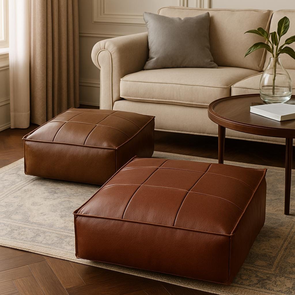 Handmade Moroccan Leather Pouf: Square Ottoman Footstool