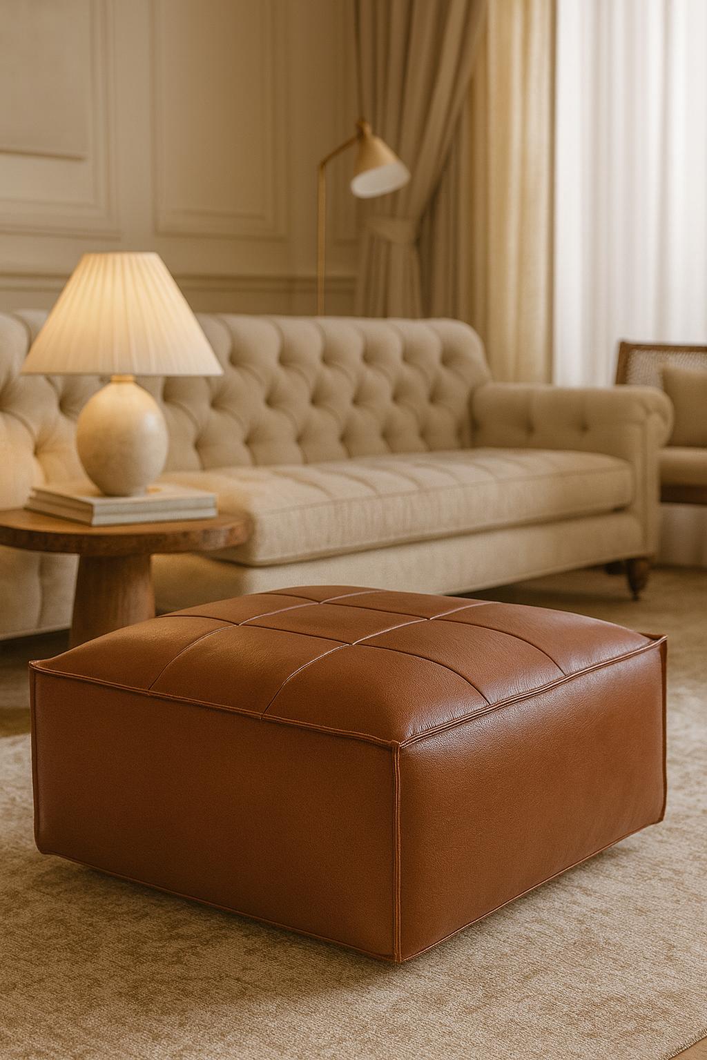 Handmade Moroccan Leather Pouf: Square Ottoman Footstool
