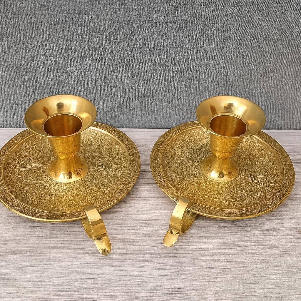 Handmade Moroccan Brass Candle Holders | Engraved Unlacquered Brass Pair | Boho Candlelight Decor | Artisan Table or Wall Sconces
