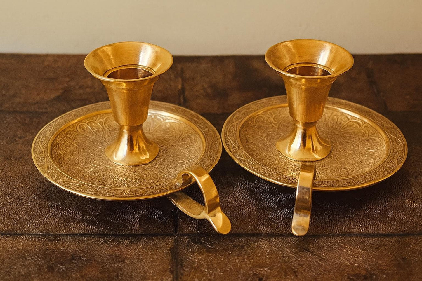 Handmade Moroccan Brass Candle Holders | Engraved Unlacquered Brass Pair | Boho Candlelight Decor | Artisan Table or Wall Sconces
