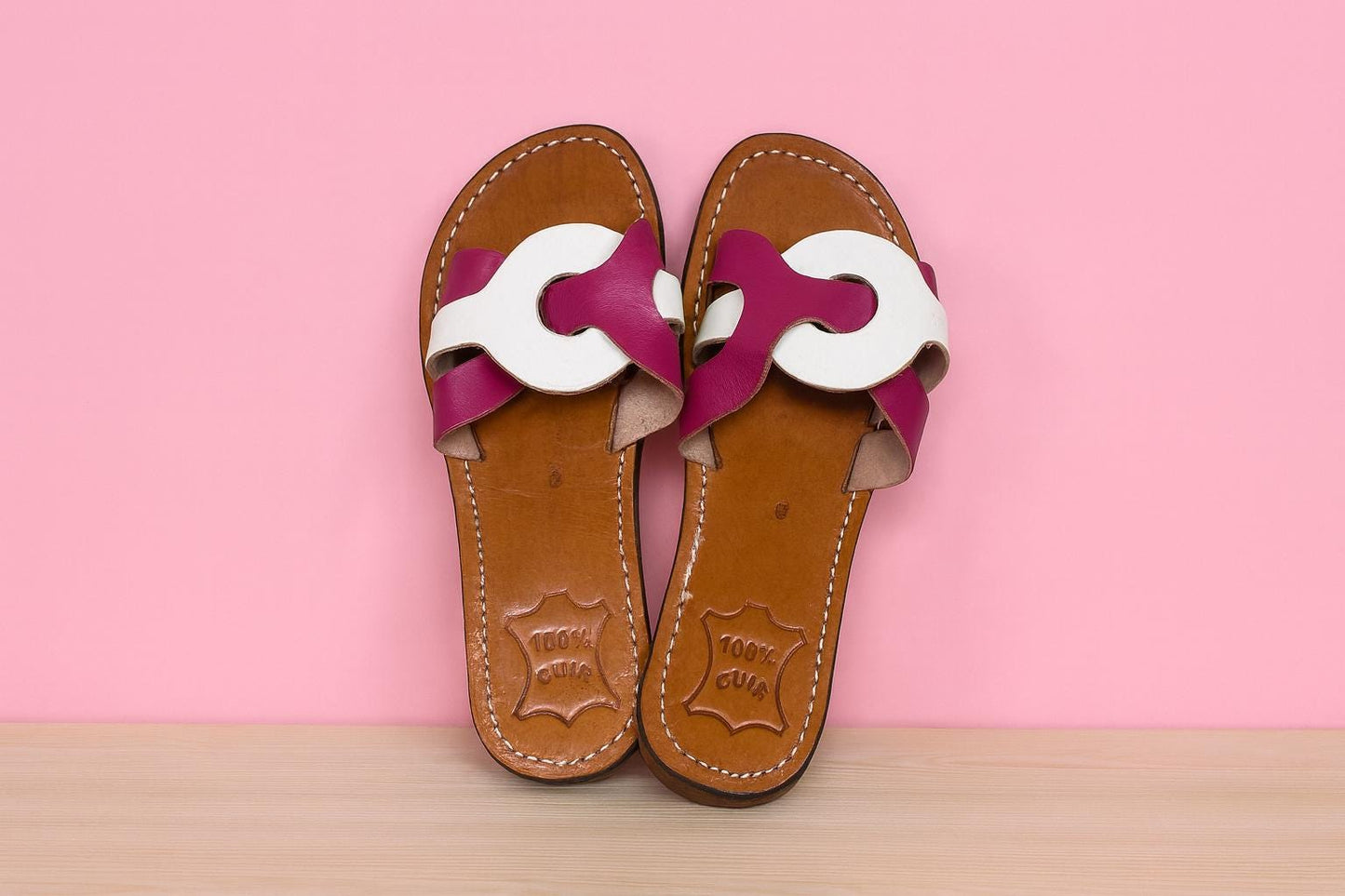 Handmade Moroccan Leather Sandals – Women’s Flat Slides in White & Fuchsia, Boho Greek Style Summer Shoes, Spartan Roman Outdoor Sandals