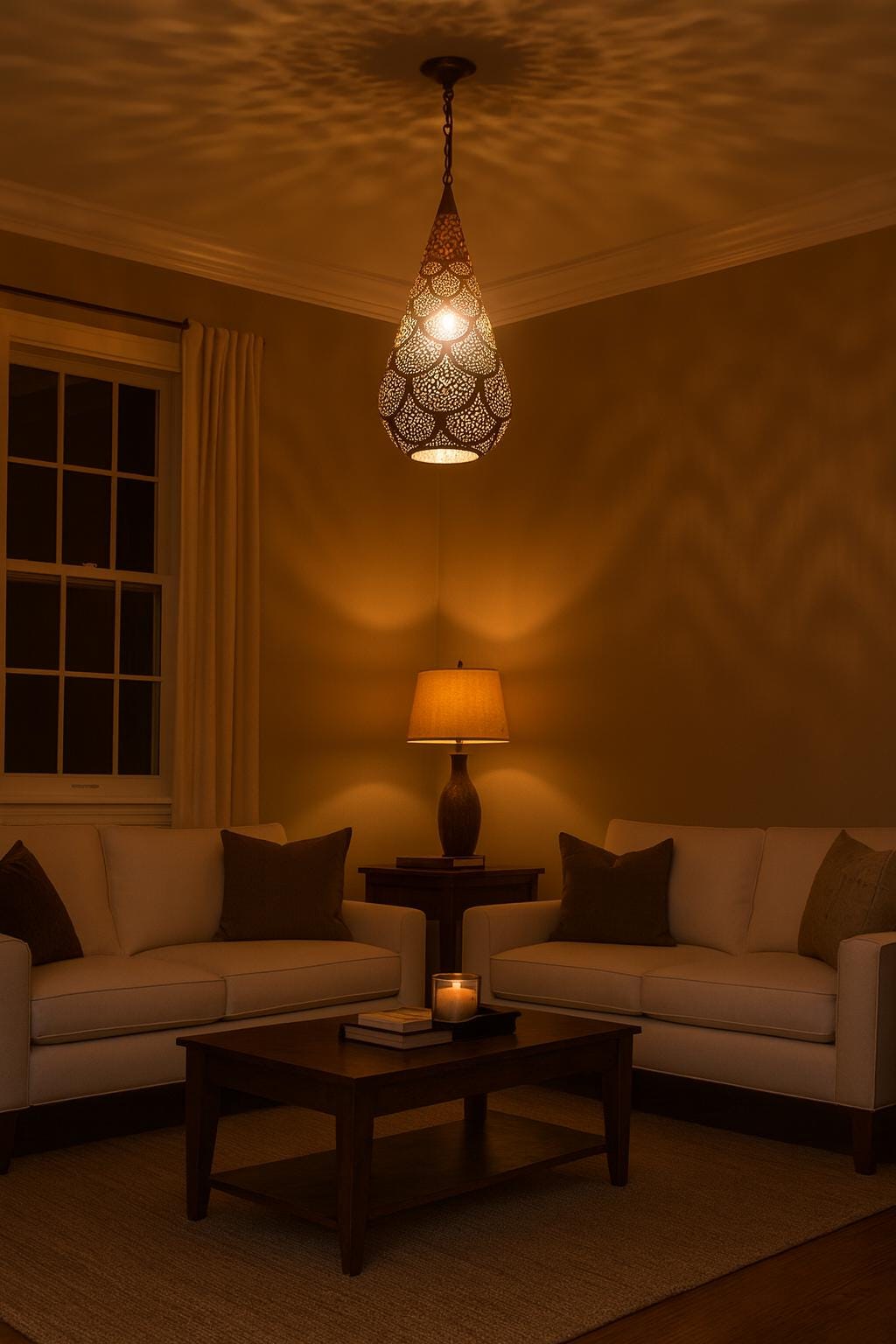 Handmade Moroccan Brass Teardrop Pendant Lamp – Pierced Hanging Light, Boho Ceiling Fixture, Shadow Casting Brass Decor