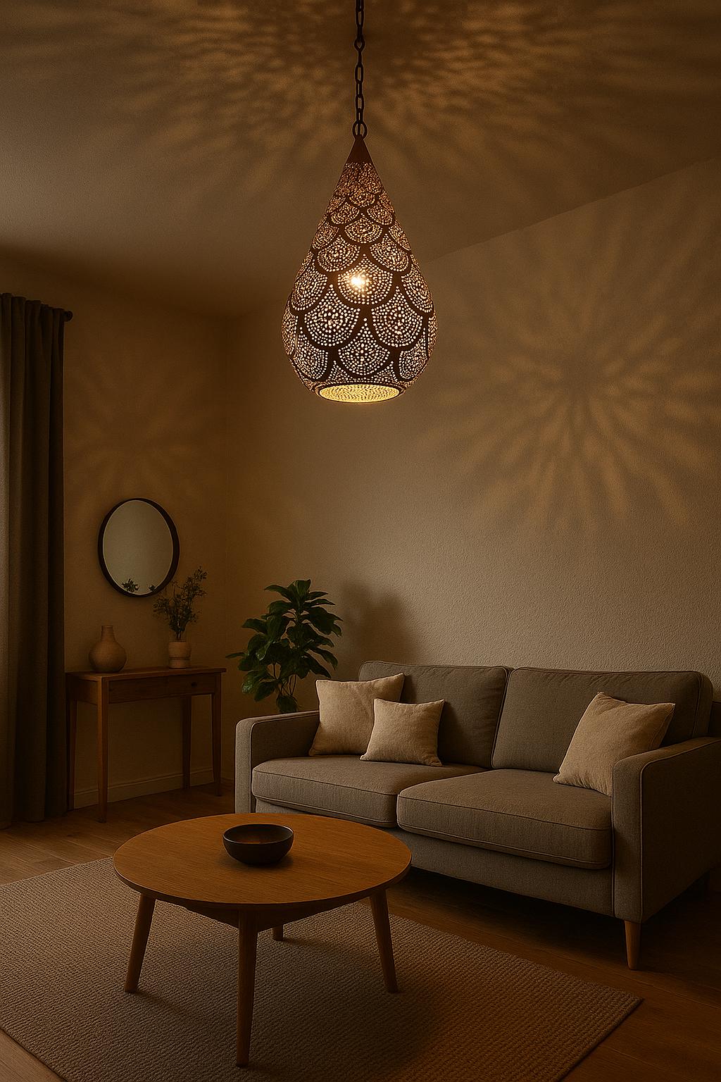 Handmade Moroccan Brass Teardrop Pendant Lamp – Pierced Hanging Light, Boho Ceiling Fixture, Shadow Casting Brass Decor