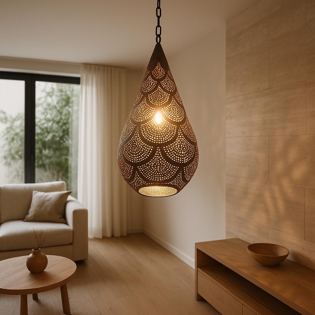 Handmade Moroccan Brass Teardrop Pendant Lamp – Pierced Hanging Light, Boho Ceiling Fixture, Shadow Casting Brass Decor