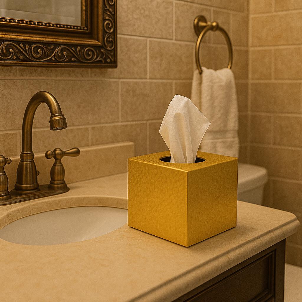 Handmade Moroccan Brass Tissue Box Cover – Hammered & Engraved Golden Brass Holder for Boho Home, Luxury Bathroom and Living Room Decor