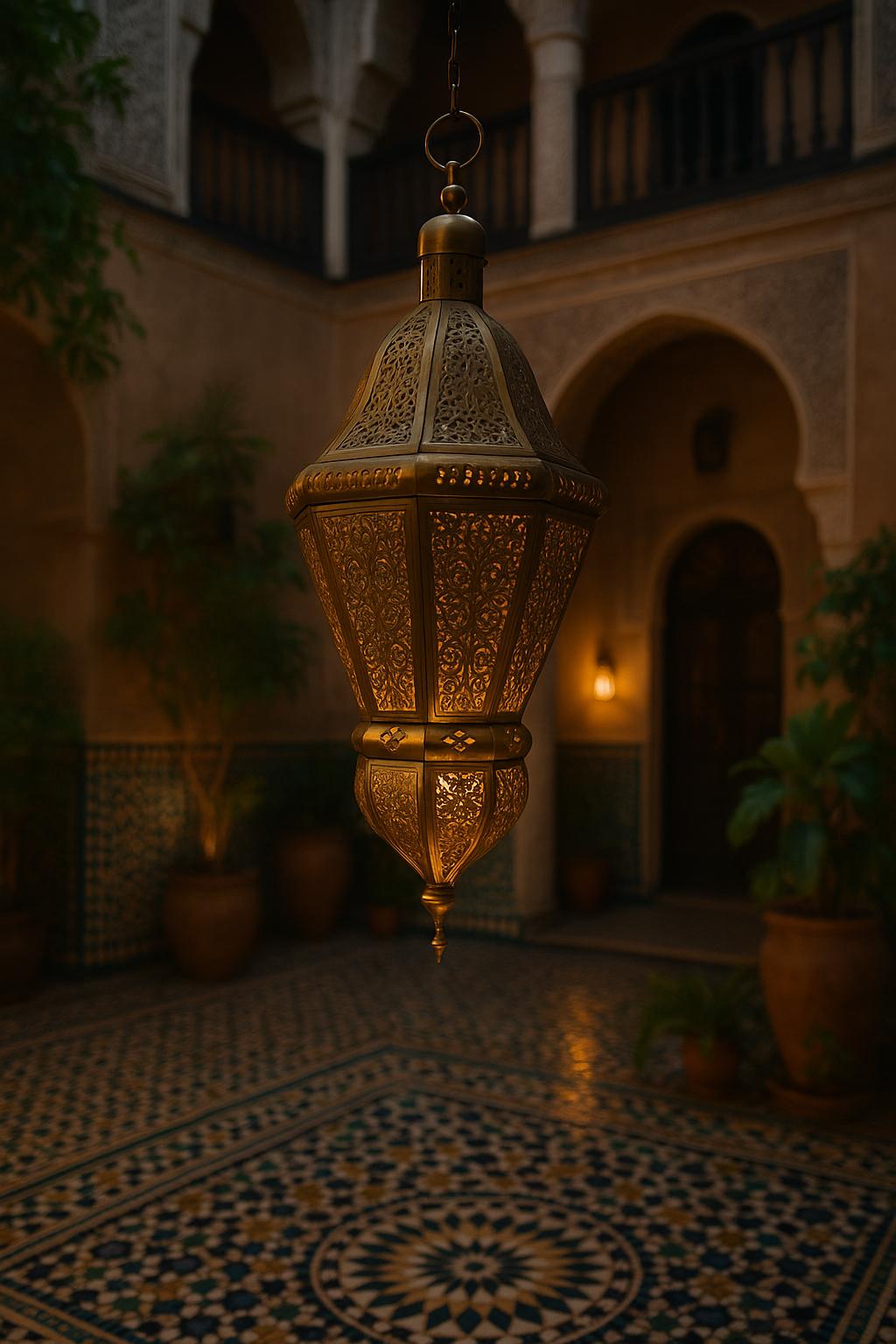 Large HANGING Moroccan Lantern/Candle Holder with brass/antique gold, riad style, artisanal shape