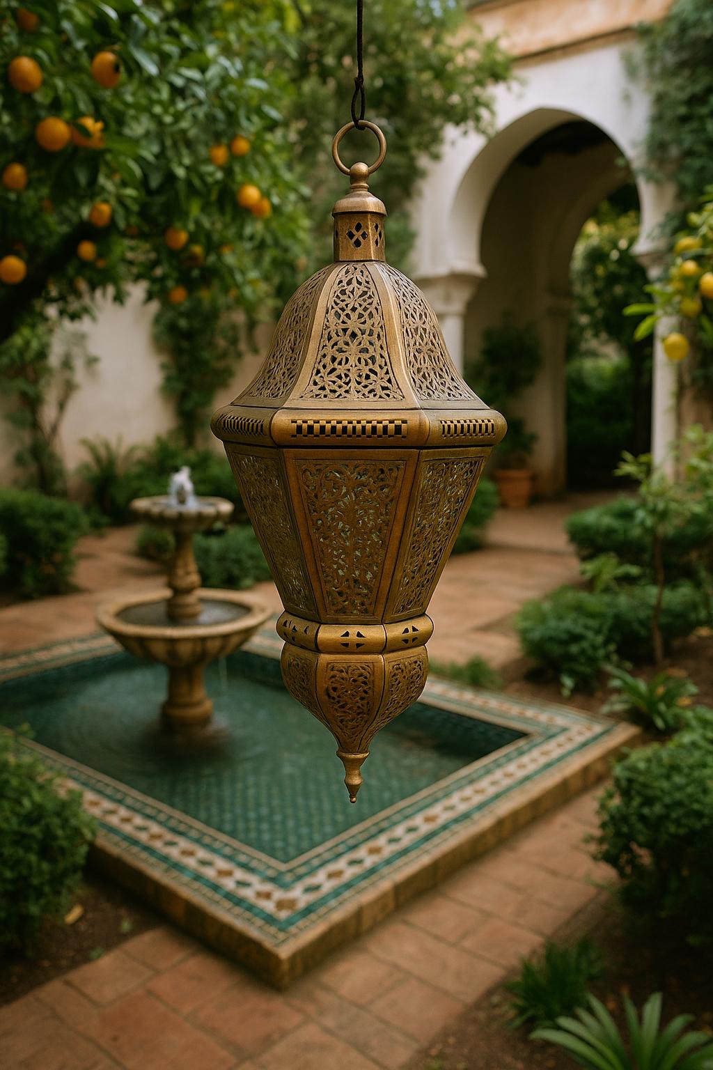 Large HANGING Moroccan Lantern/Candle Holder with brass/antique gold, riad style, artisanal shape