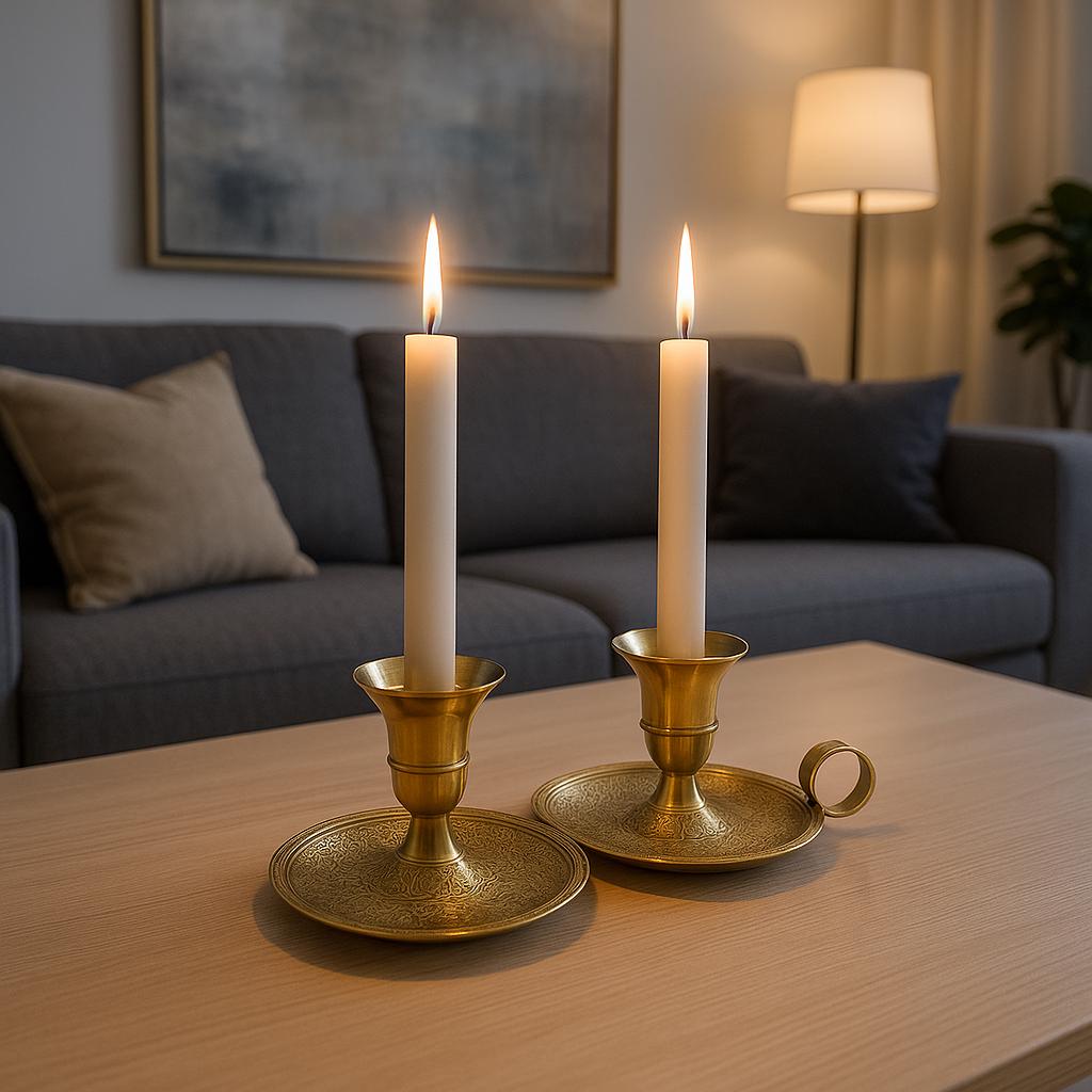 Handmade Moroccan Brass Candle Holders | Engraved Unlacquered Brass Pair | Boho Candlelight Decor | Artisan Table or Wall Sconces