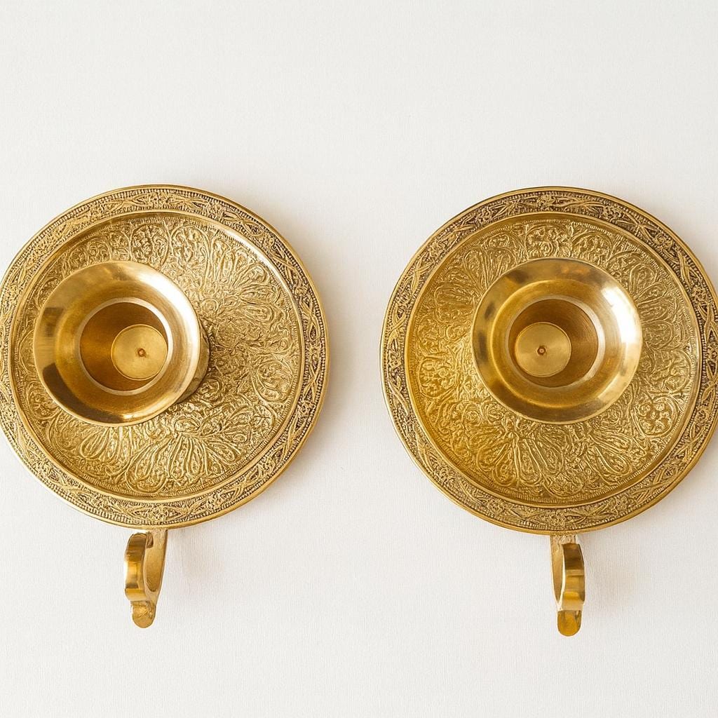 Handmade Moroccan Brass Candle Holders | Engraved Unlacquered Brass Pair | Boho Candlelight Decor | Artisan Table or Wall Sconces