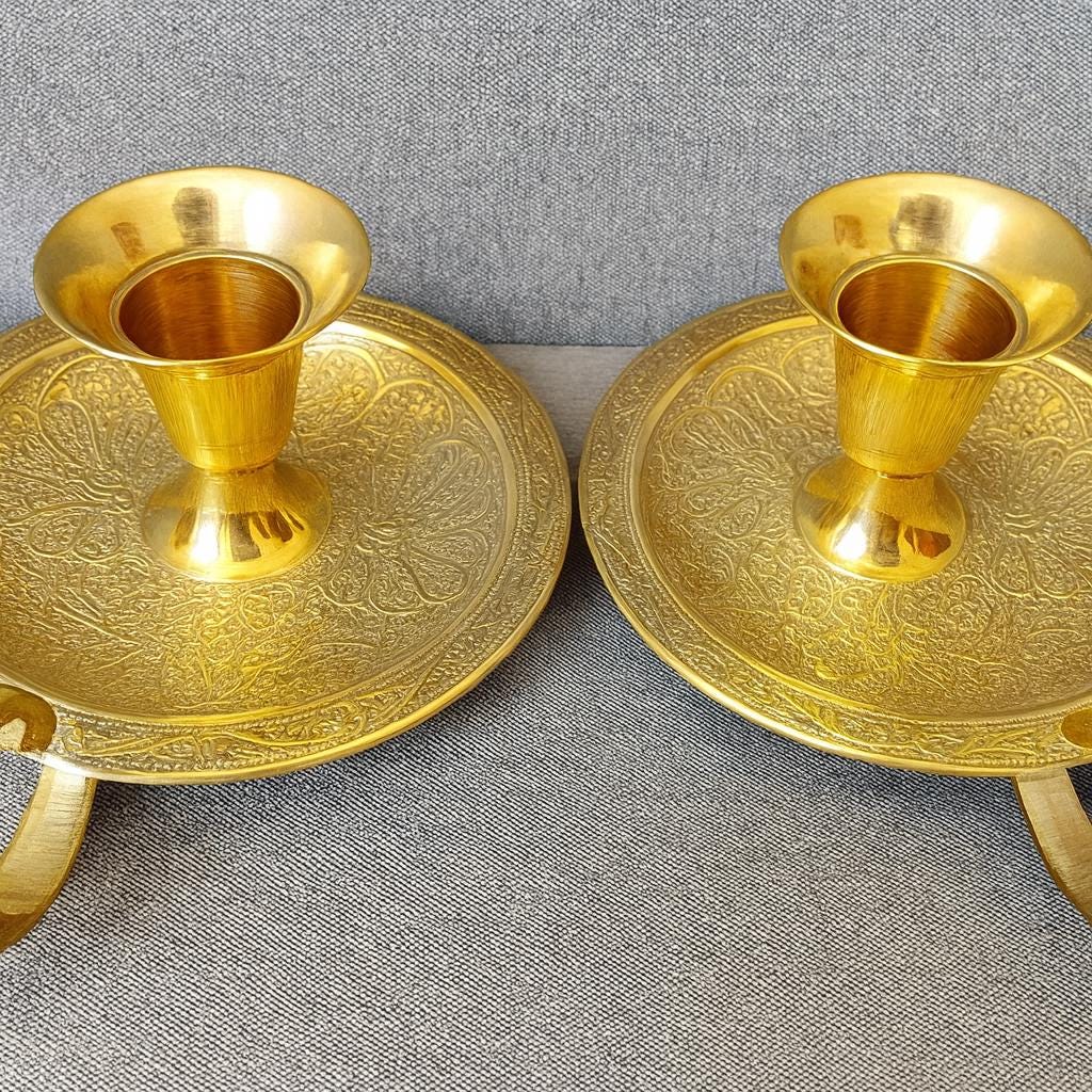 Handmade Moroccan Brass Candle Holders | Engraved Unlacquered Brass Pair | Boho Candlelight Decor | Artisan Table or Wall Sconces